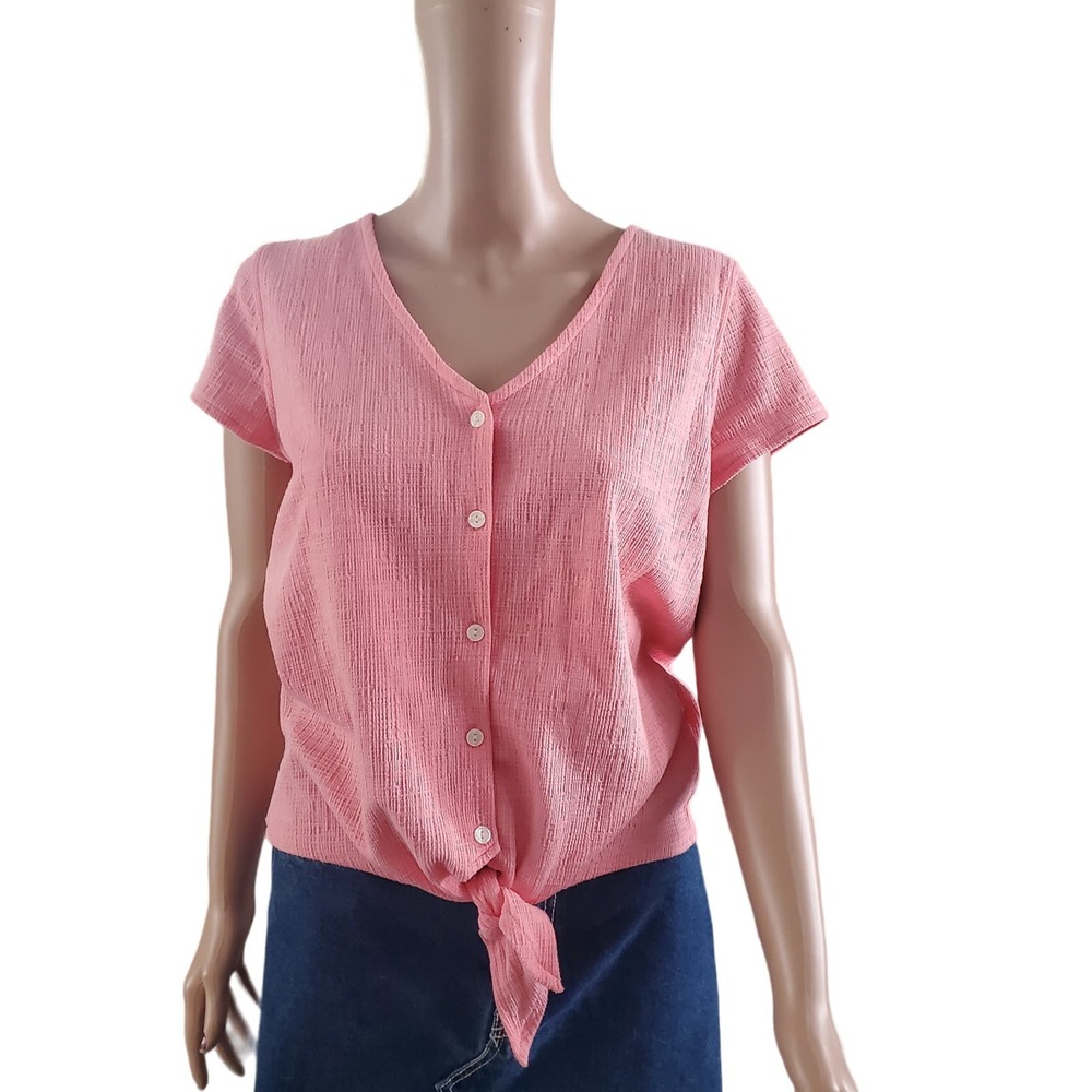 J. Crew Factory Size S Textured Tie Front Button Up Shirt Blouse Stretch Pink